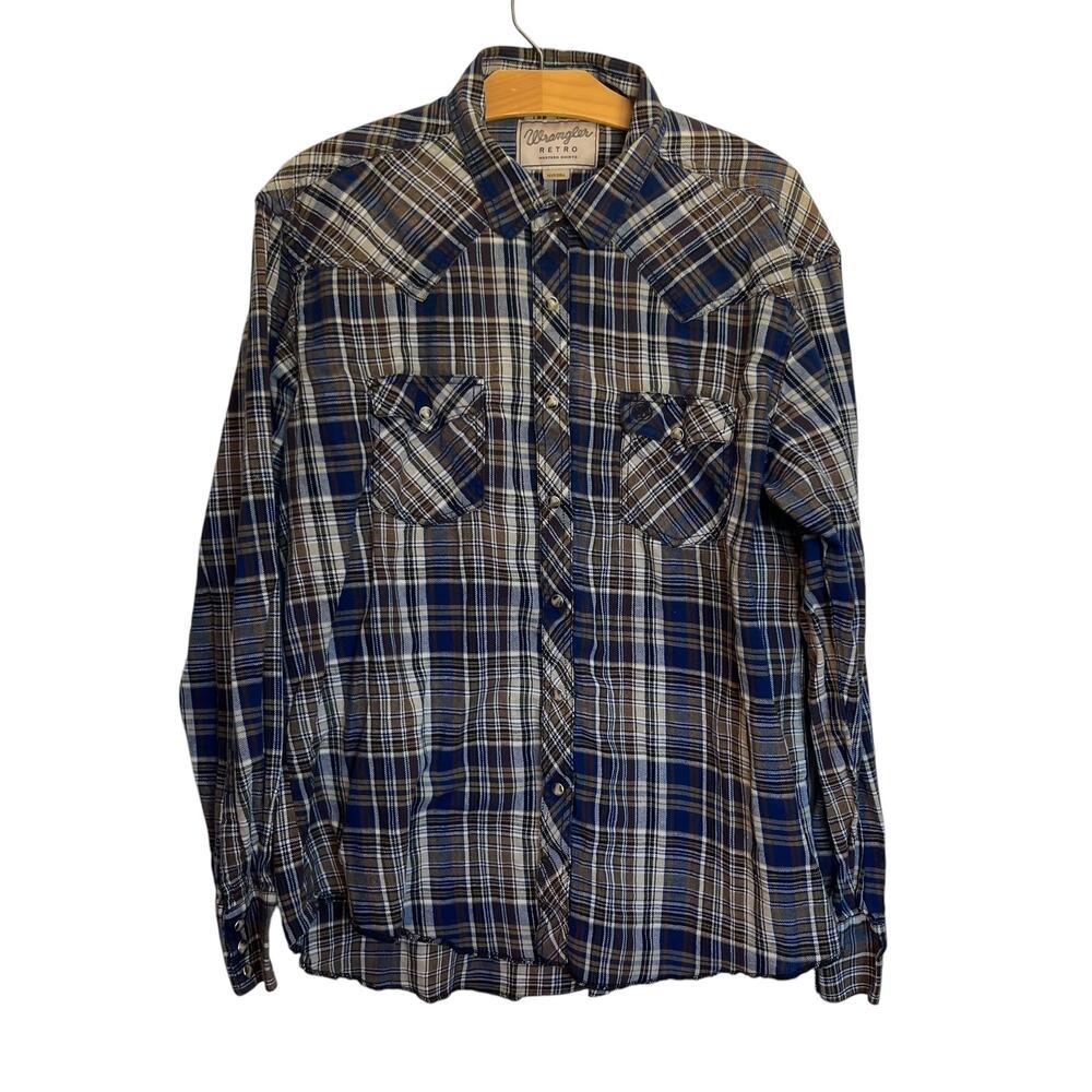 Vintage Wrangler Retro Western Shirts Blue Plaid Pearl Snap Buttons Country XXL